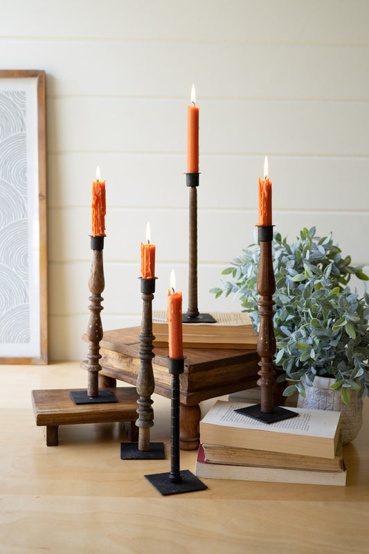 Set of 5 Repurposed Wood and Metal Spindle Taper Candle Holders