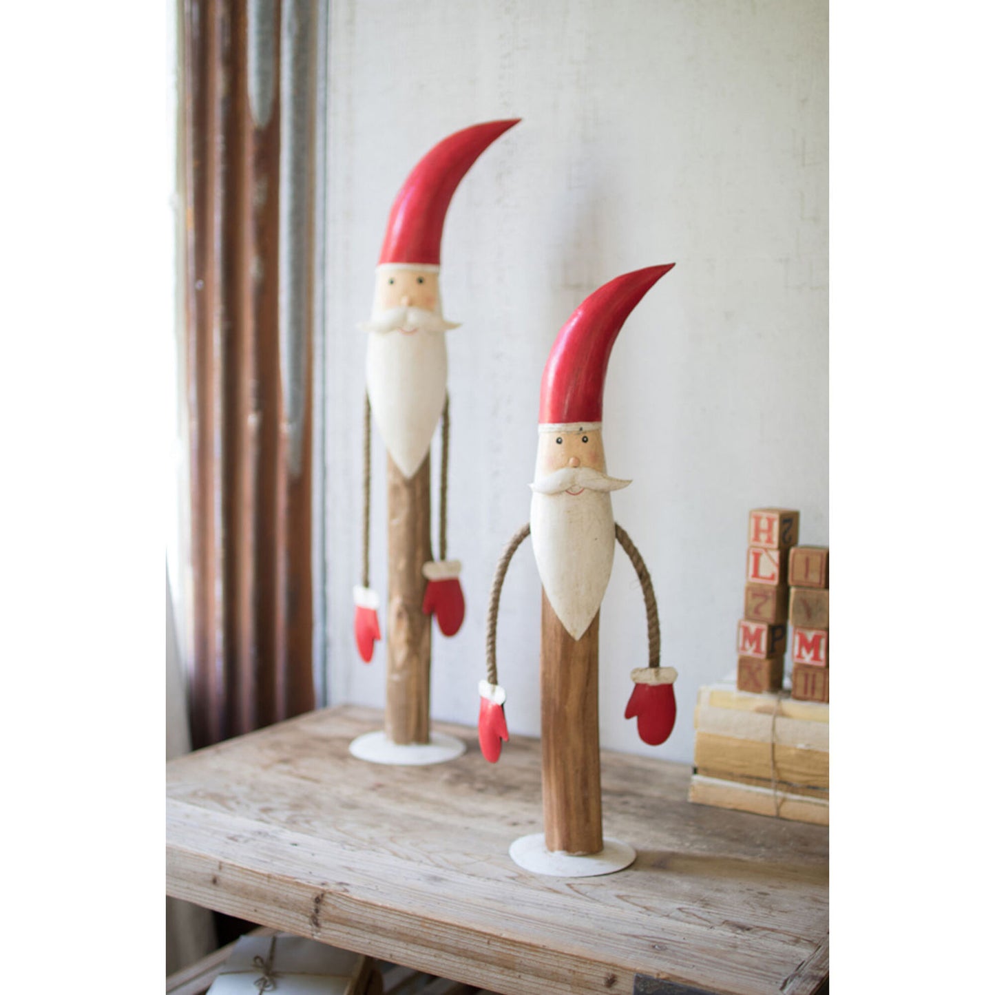 Multicolor Painted Wooden Santa, Set of 2