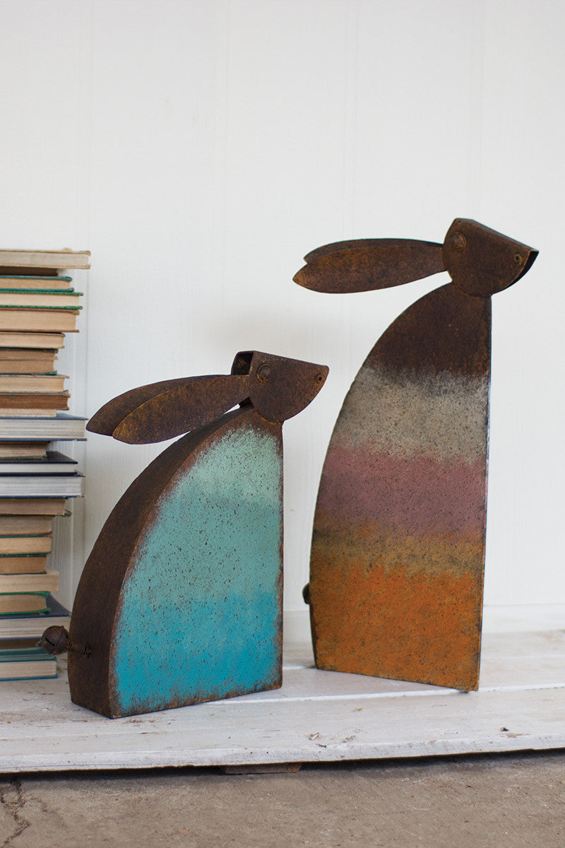 Set of 2 Rustic Metal Rabbits \ Colored Detail