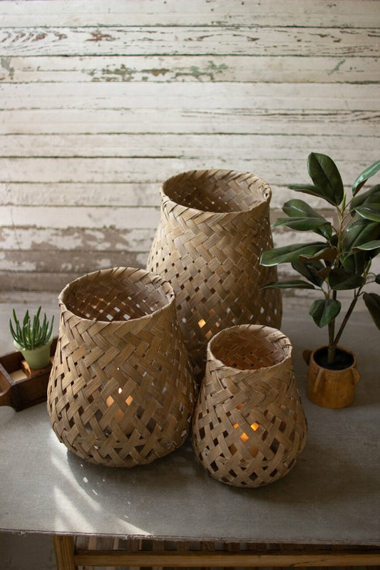 Set of 3 Woven Bamboo Lanterns with Glass