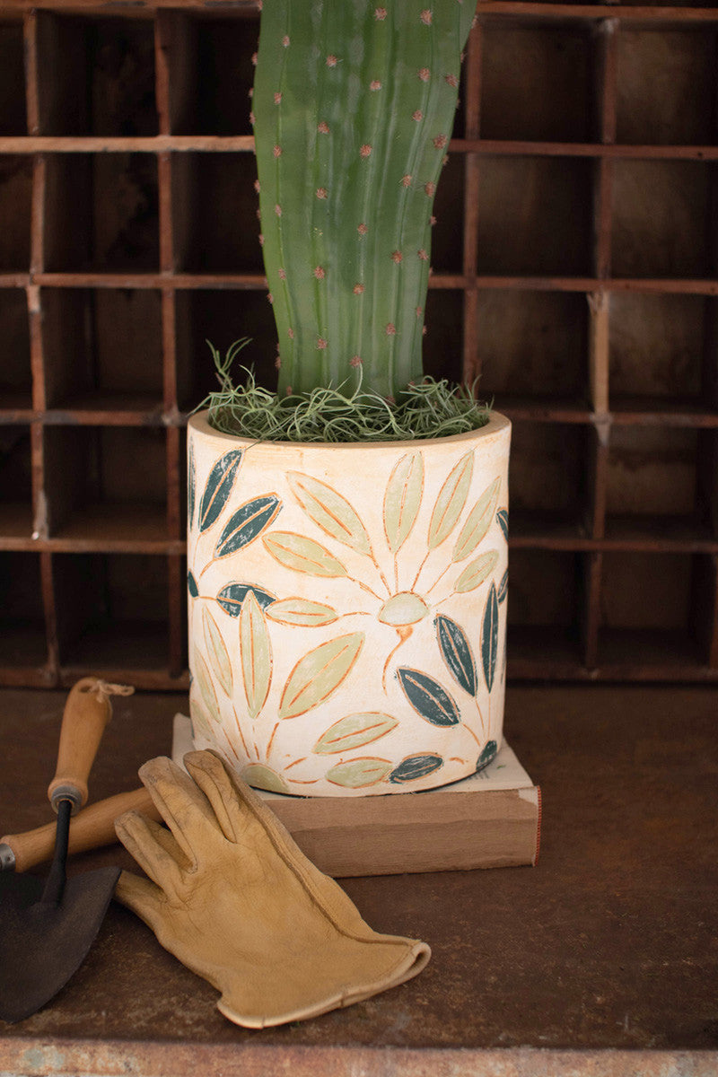 Straight Side Terracotta Planter with Leaf Detail