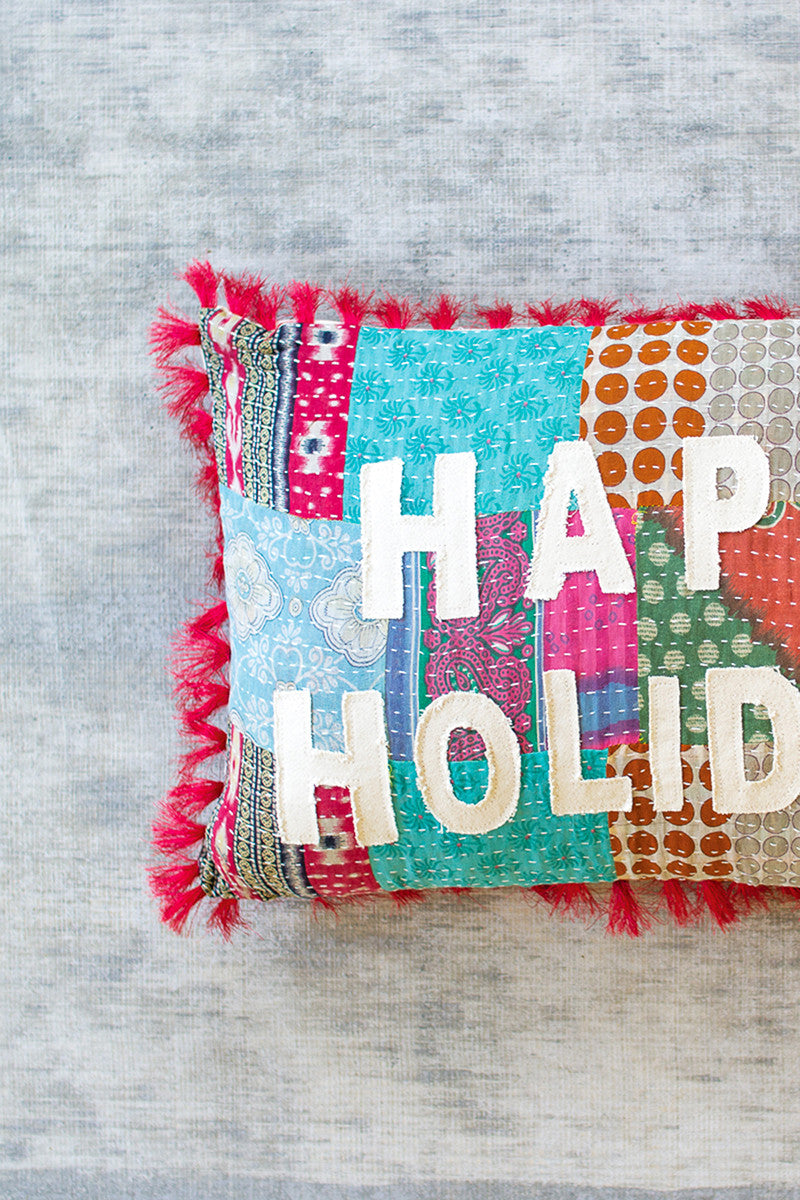 Happy Holidays Kantha Pillow