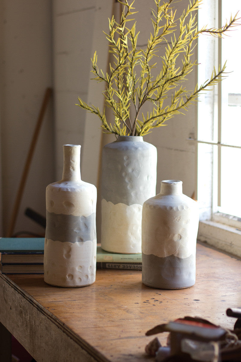 Set of 3 Matte Grey and White Ceramic Bottle Vases