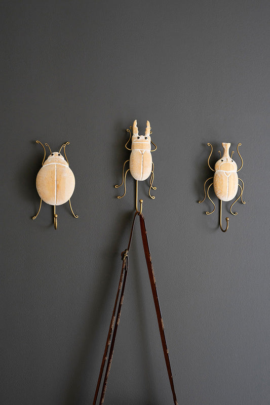 Set of 3 Carved Wood and Wire Beetle Wall Hooks