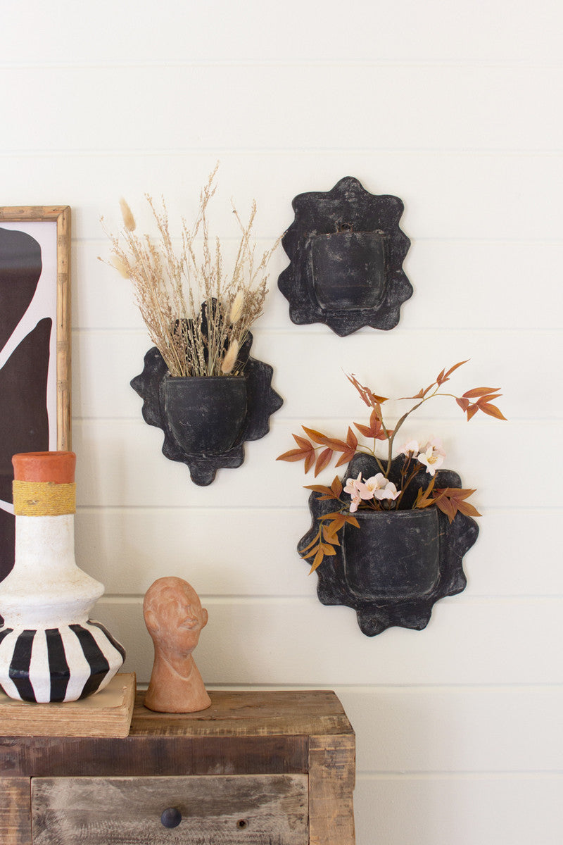 Set of 3 Black Wavy Clay Wall Planters