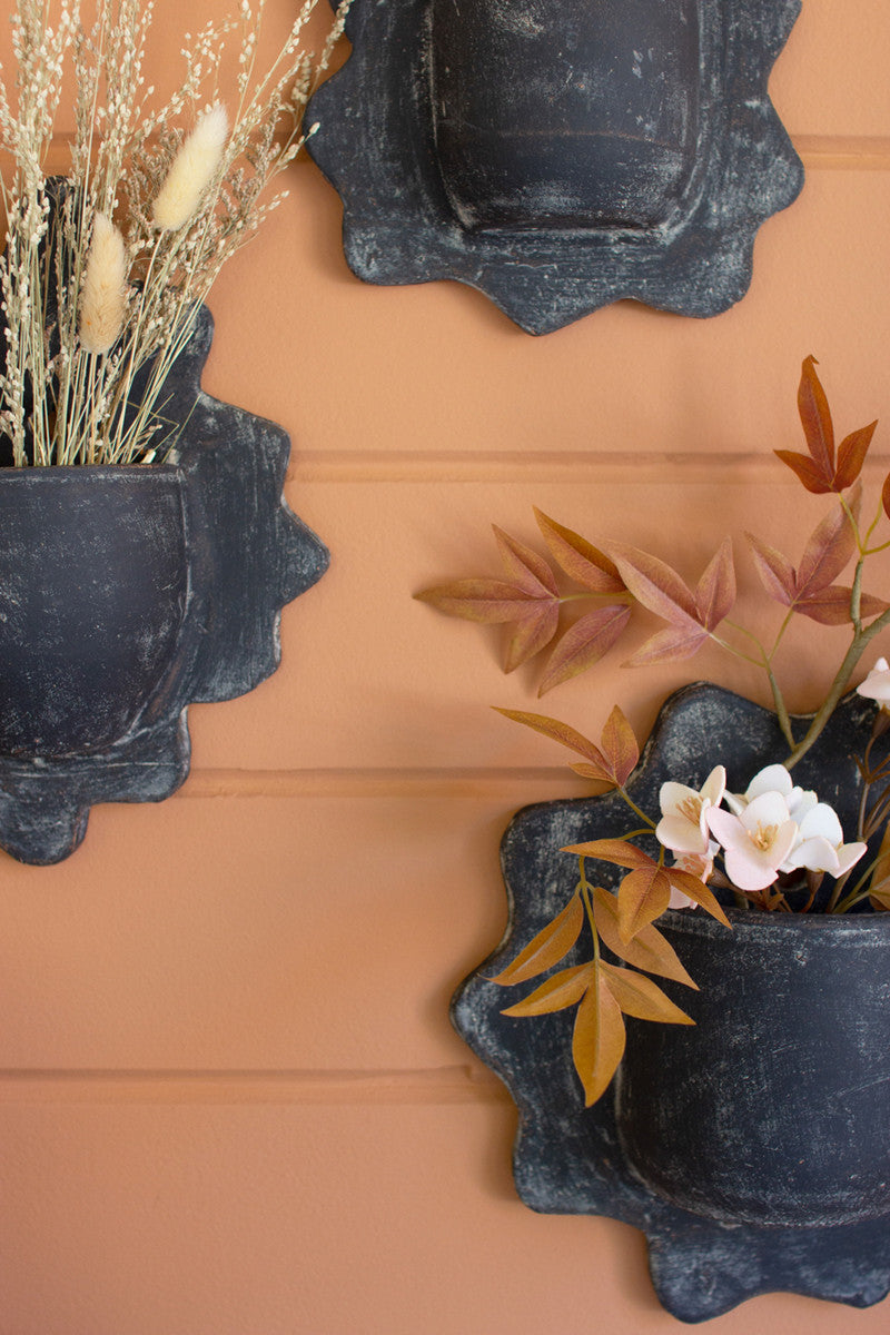 Set of 3 Black Wavy Clay Wall Planters