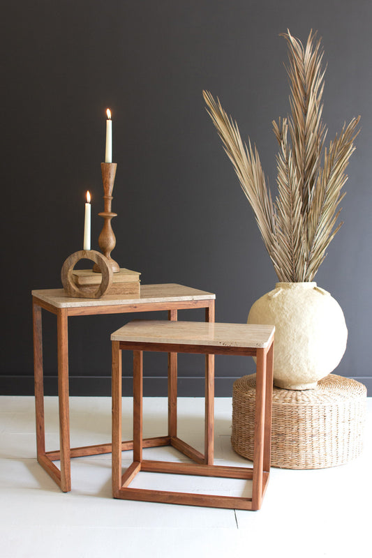 Set of 2 Nesting Travertine Side Tables with Acacia Wood Bases