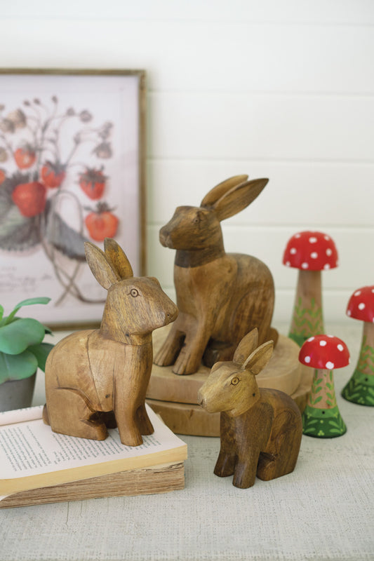 Set of 3 Hand-Carved Wooden Rabbits