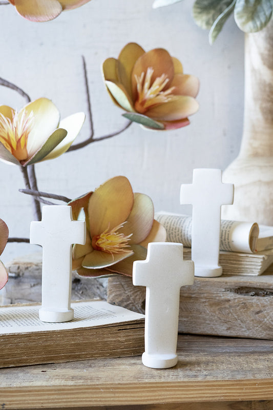 Hand Carved Stone  Crosses With Round Base - White