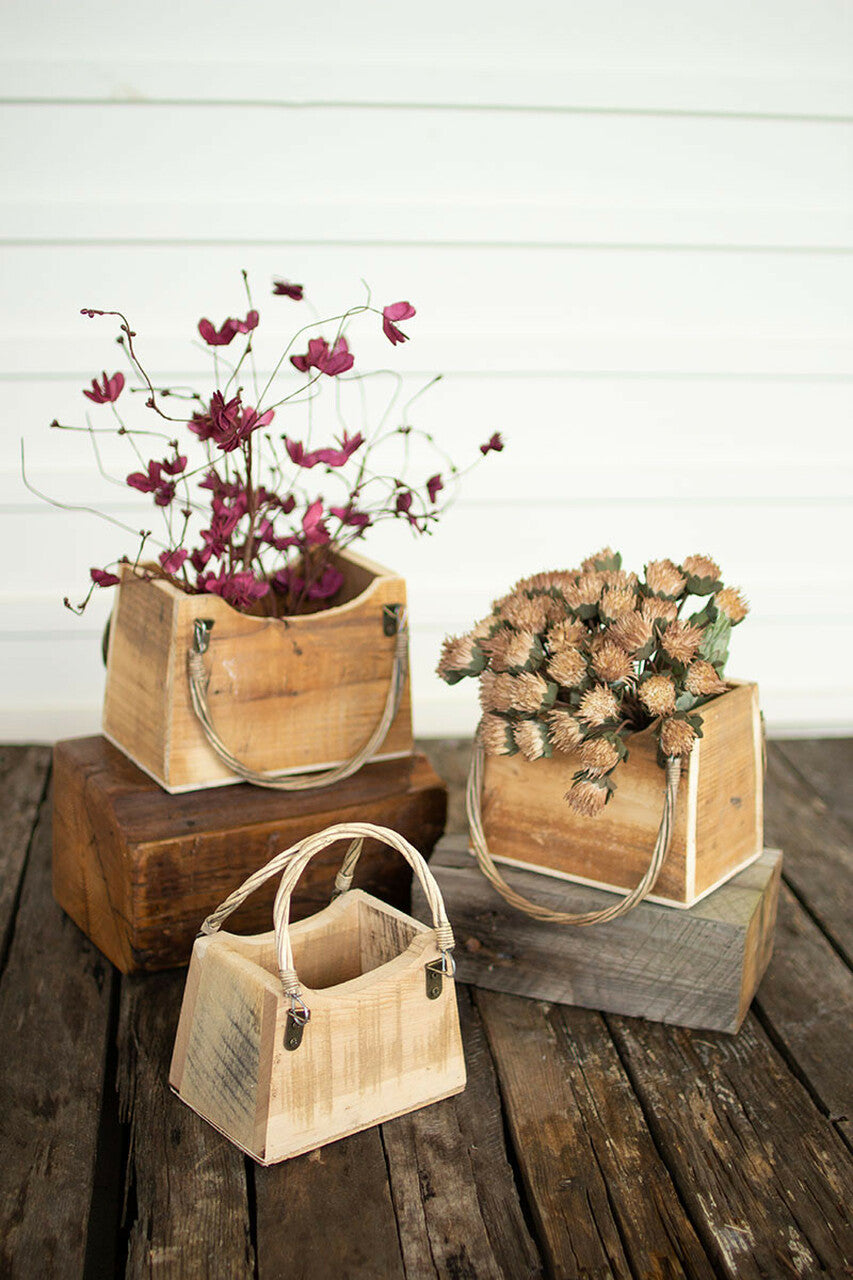 Rustic Recycled Wood Hand Bag Planters - Set of Three