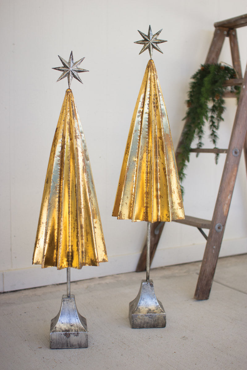 Folded Gold Metal Trees with Silver Star Set of 2
