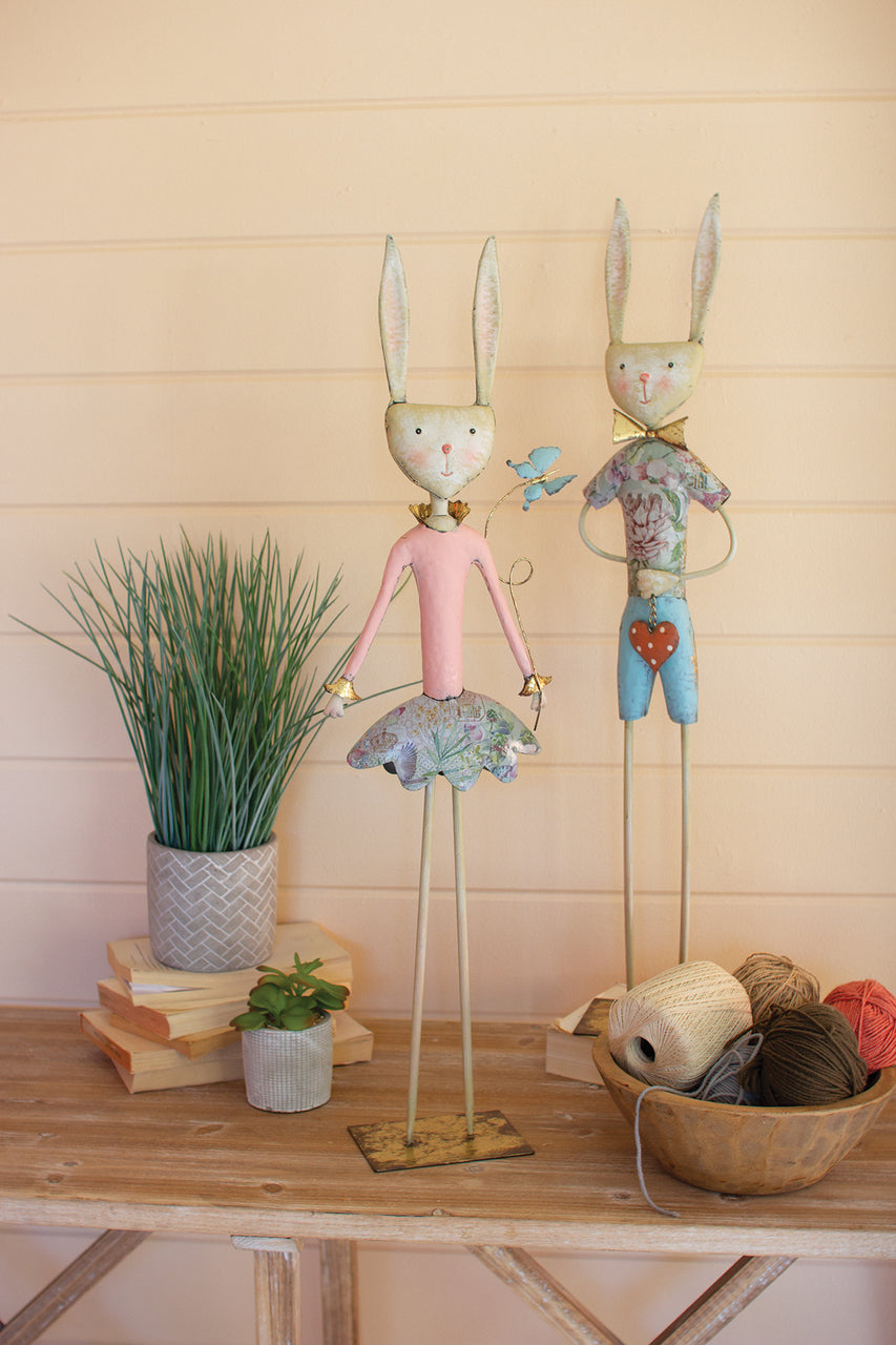 Painted Metal Long Leg Boy & Girl Rabbits Set of 2