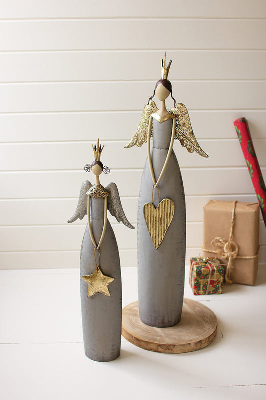 Gold and Grey Christmas Angels Holding a Heart and Star Set of 2