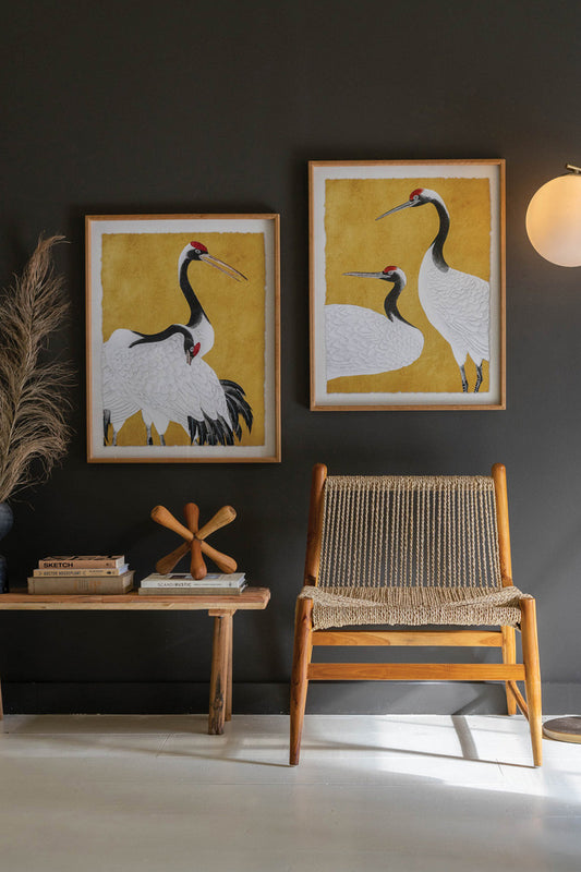 Set of 2 Framed Black, White and Red Herons Prints Under Glass