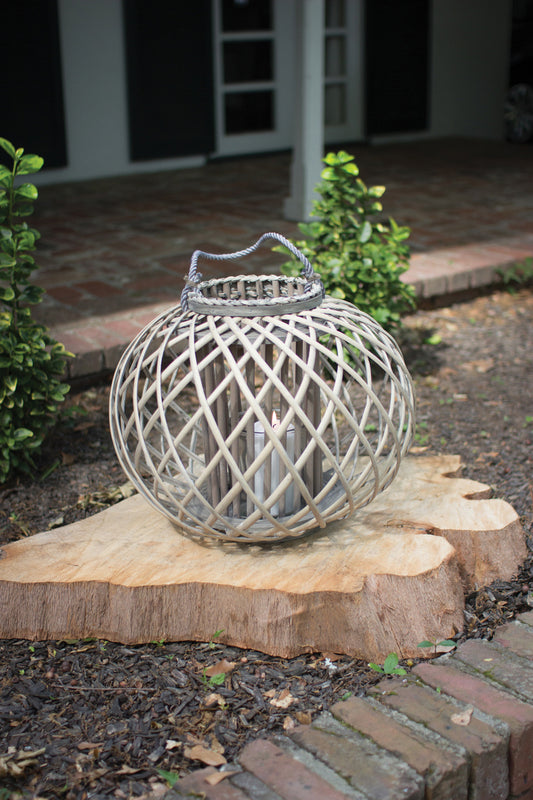 Low Round Grey Willow Lantern with Glass - Large