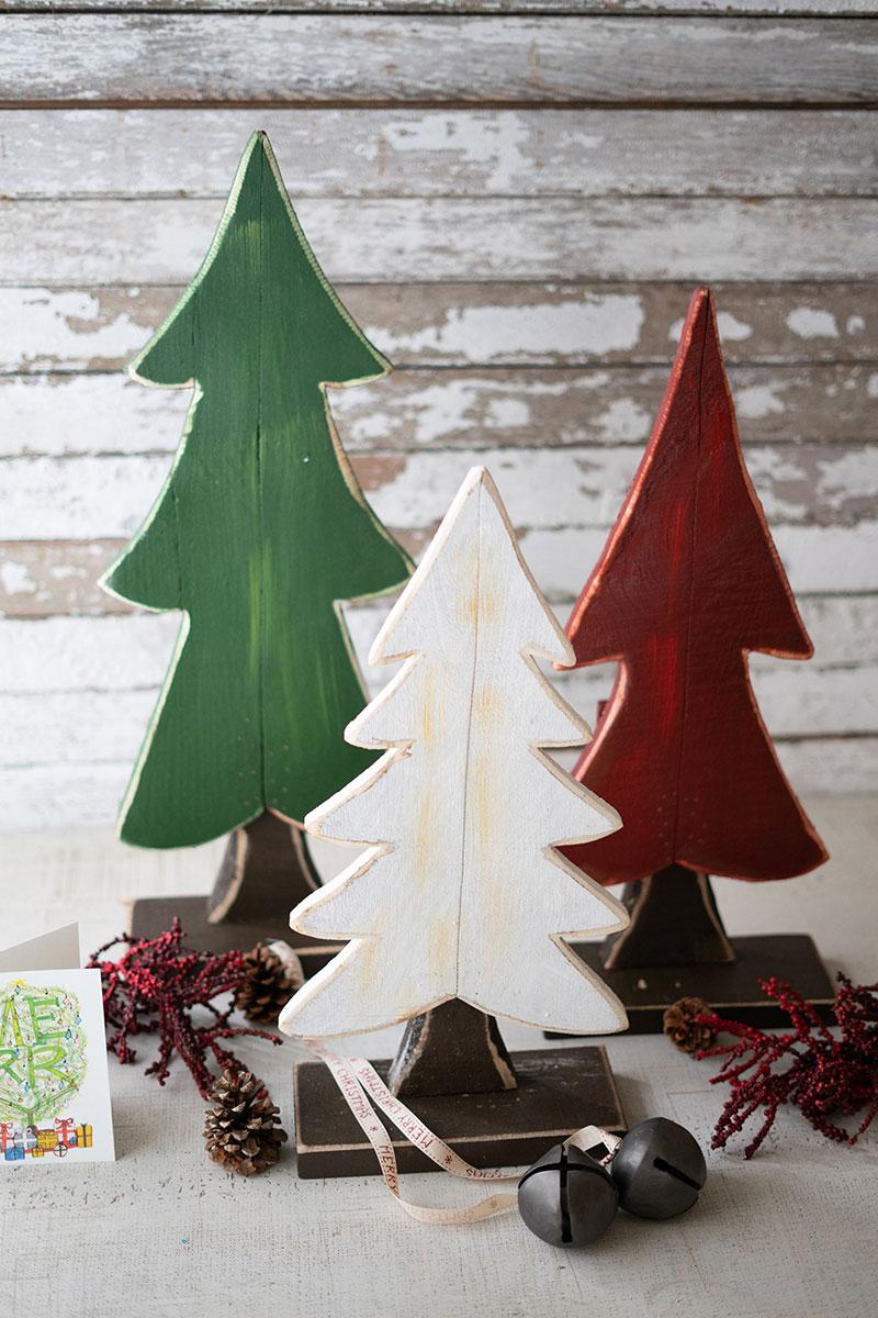 Painted Wooden Christmas Trees - One Each Color -Set Of Three