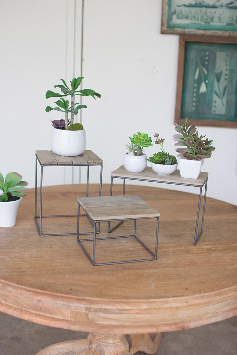 Wood And Metal Table Top Risers - Set Of Three