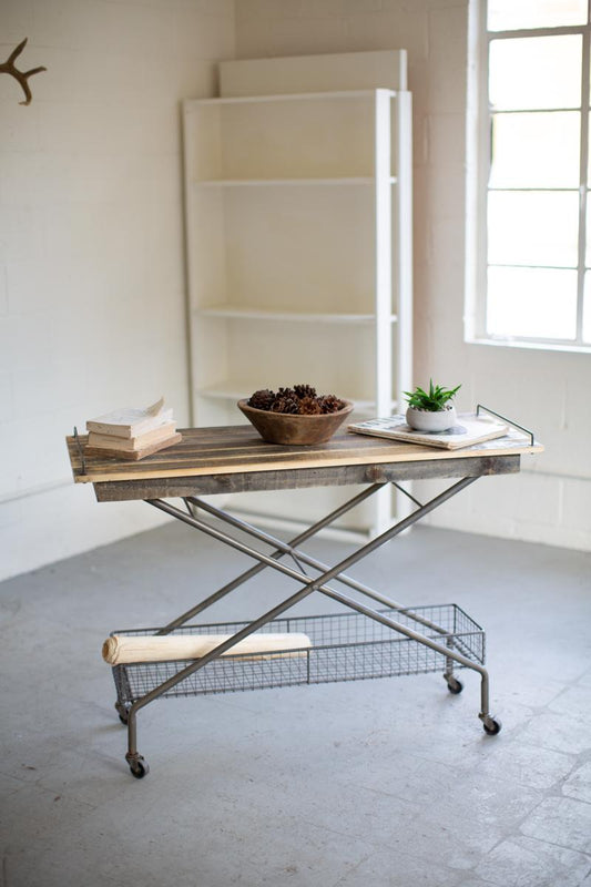 Recycled Wood Console Table W Metal Base Basket Casters