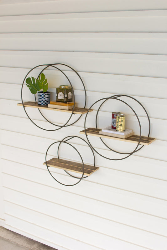 Recycled Wood Shelves with Round Metal Frames - Set of Three