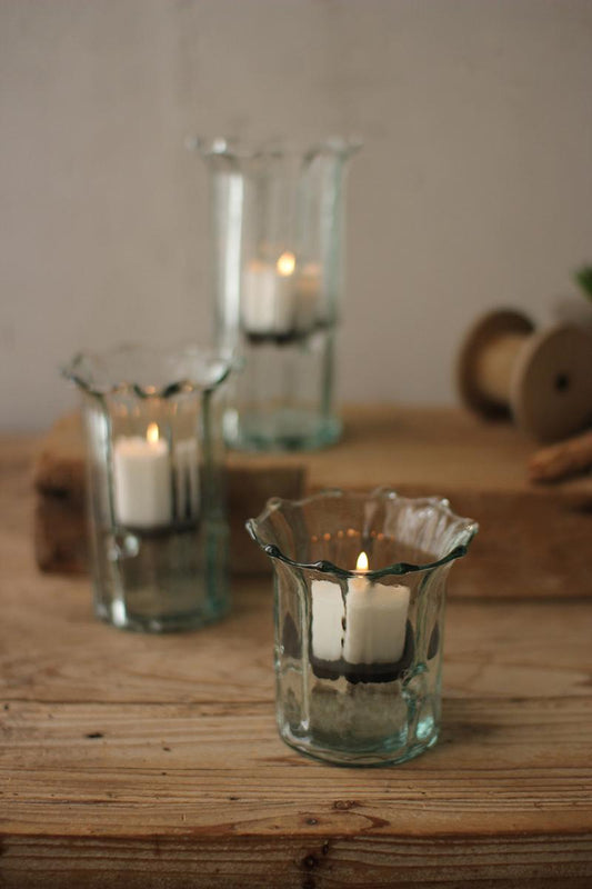 Recycled Glass Ribbed Votive Cylinders - Set Of Three