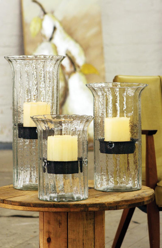 Ribbed Glass Candle Cylinder W Rustic Insert - Large