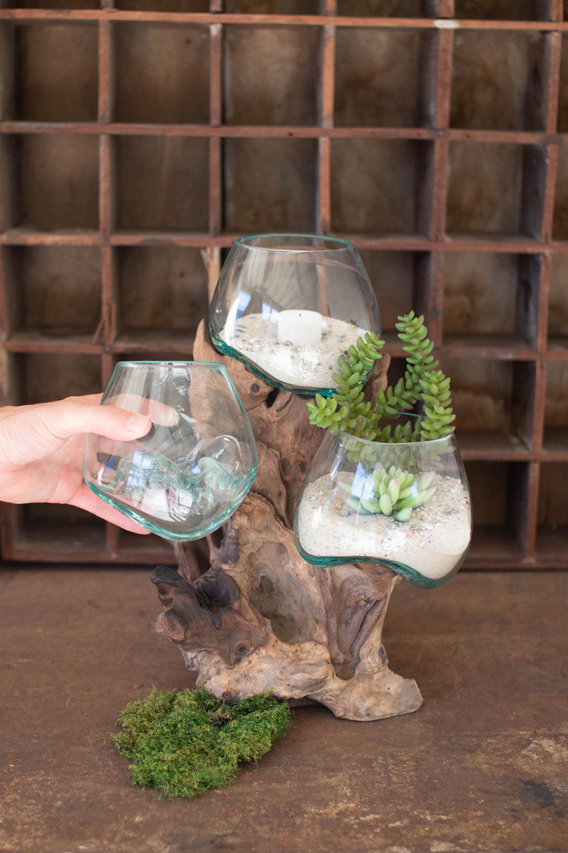 Three Blown Glass Bowls on a Driftwood Base