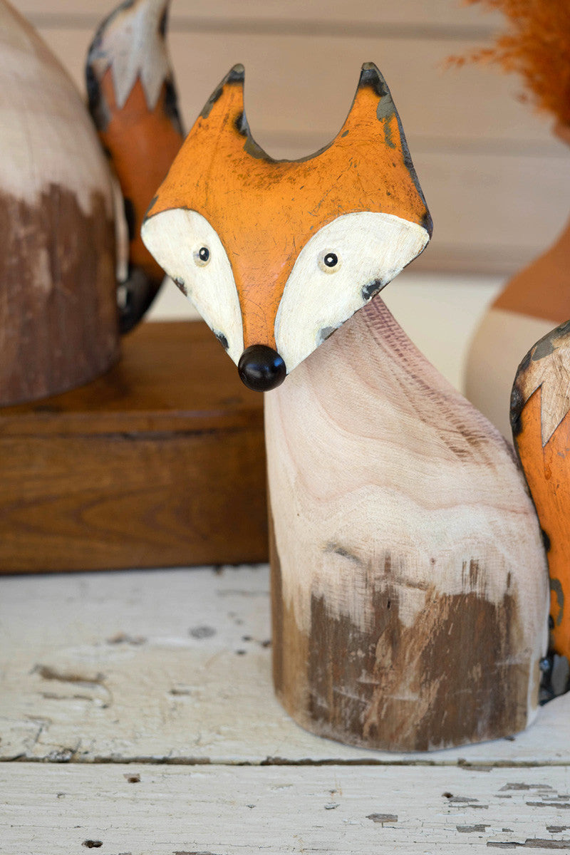 Set of 2 Recycled Wood and Iron Foxes