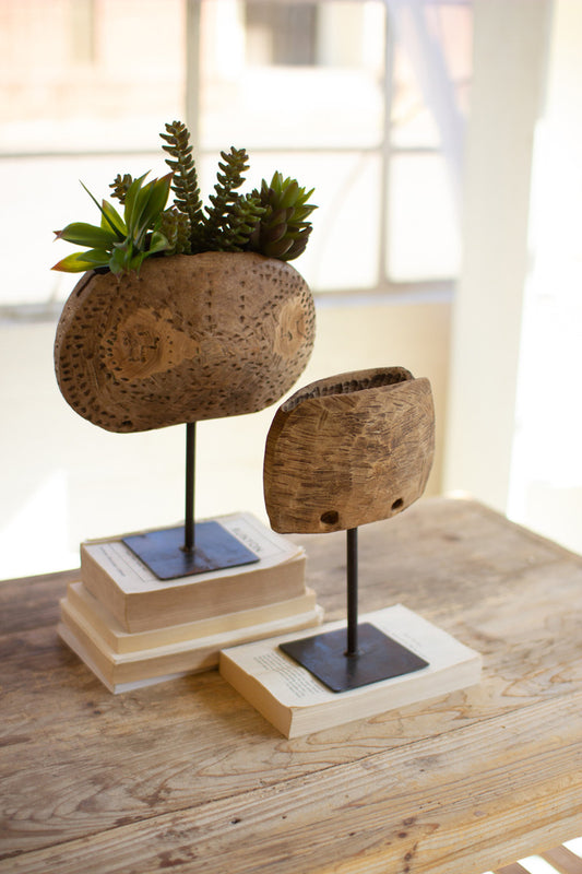 Repurposed Wooden Cow Bell Planters on Iron Stands - Set of Two