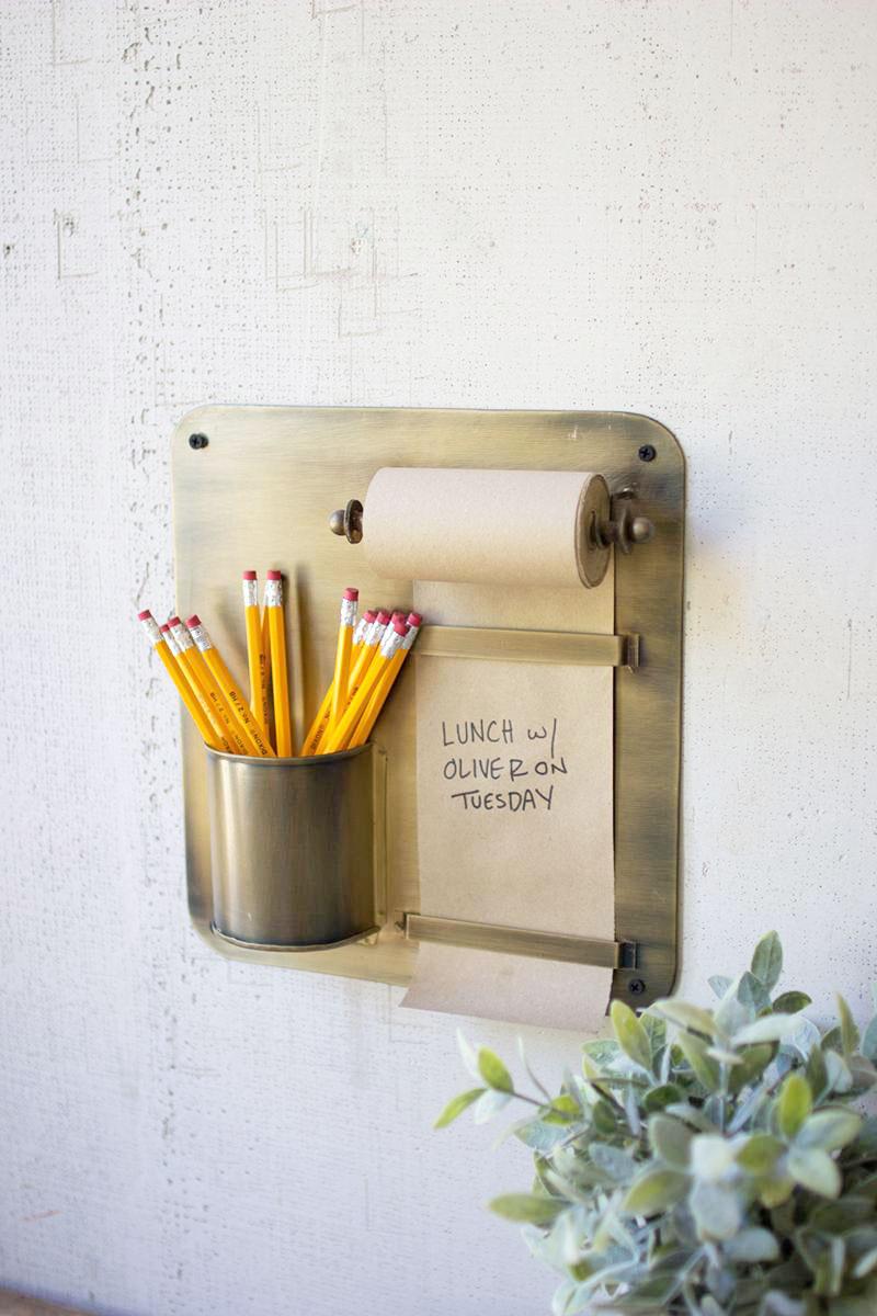 Note Roll With Antique Brass Wall Rack With Pencil Cup