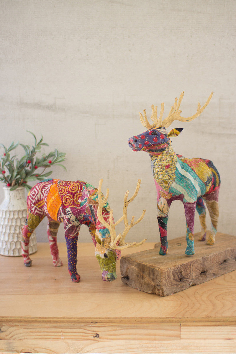 Kantha Covered Table Top Reindeer Set of 2