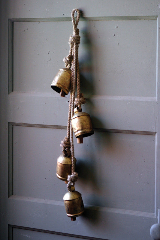 4 Rustic Iron Hanging Bells with Rope