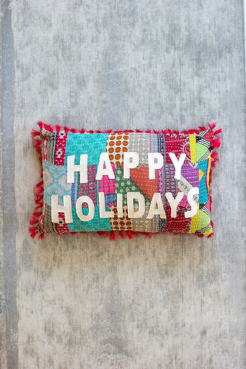 Happy Holidays Kantha Pillow
