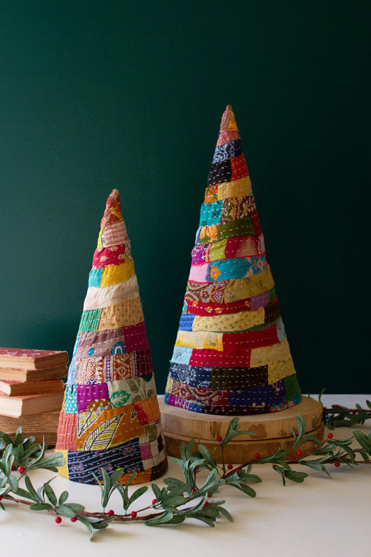 Set of 2 Large Kantha Christmas Topiaries