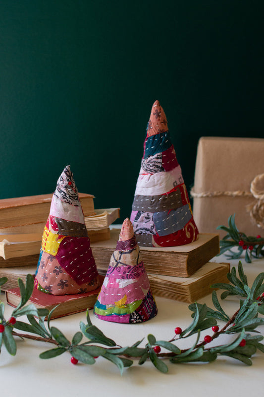 Set of 3 Small Kantha Christmas Topiaries