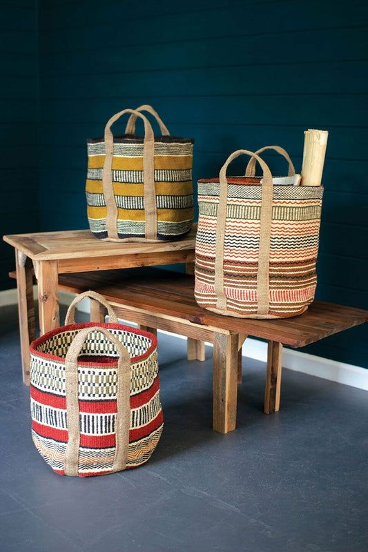 Multi Colored Woven Jute Baskets W Handles Set of 3