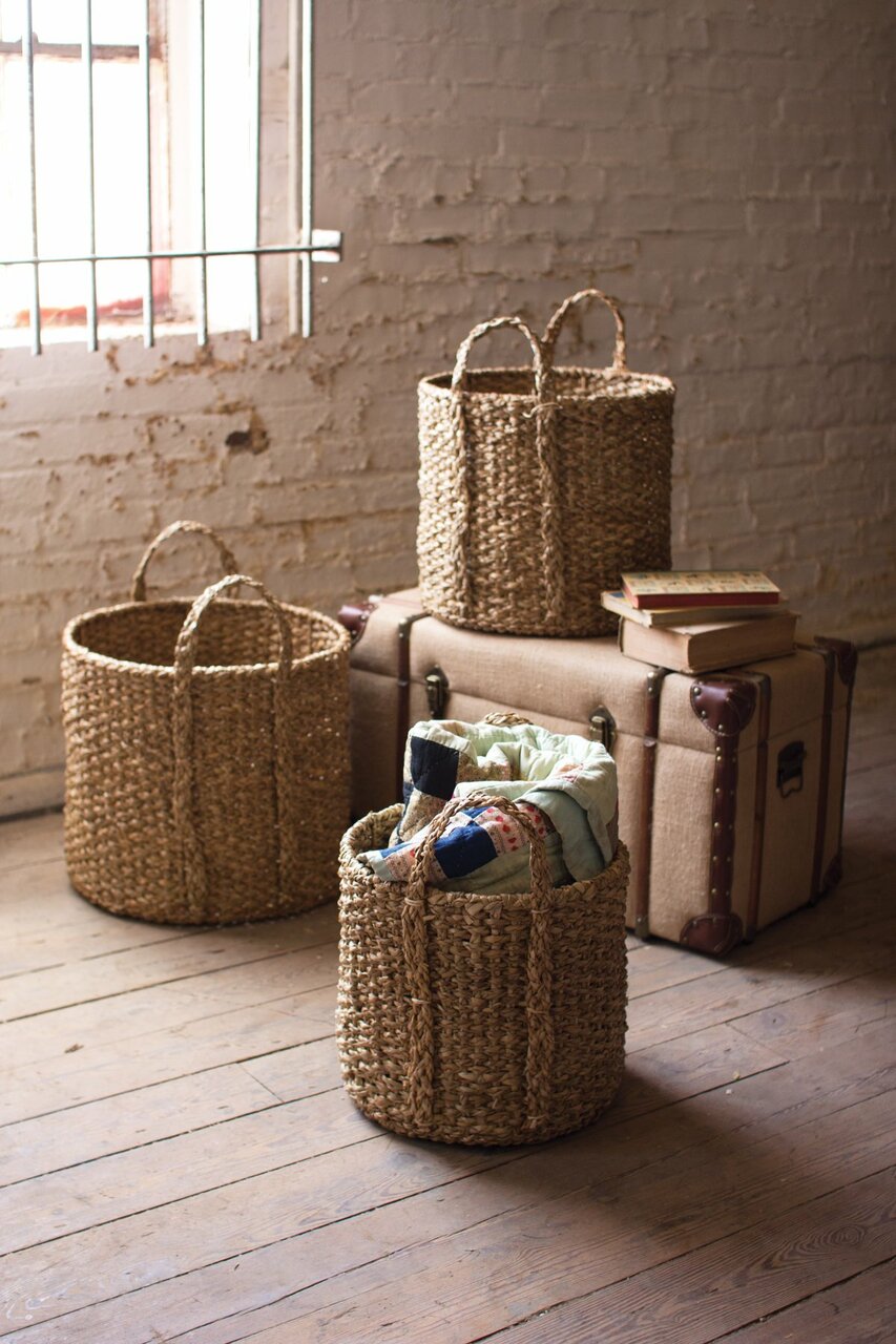 Round Braided Seagrass Storage Basket With Handles Set Of 3